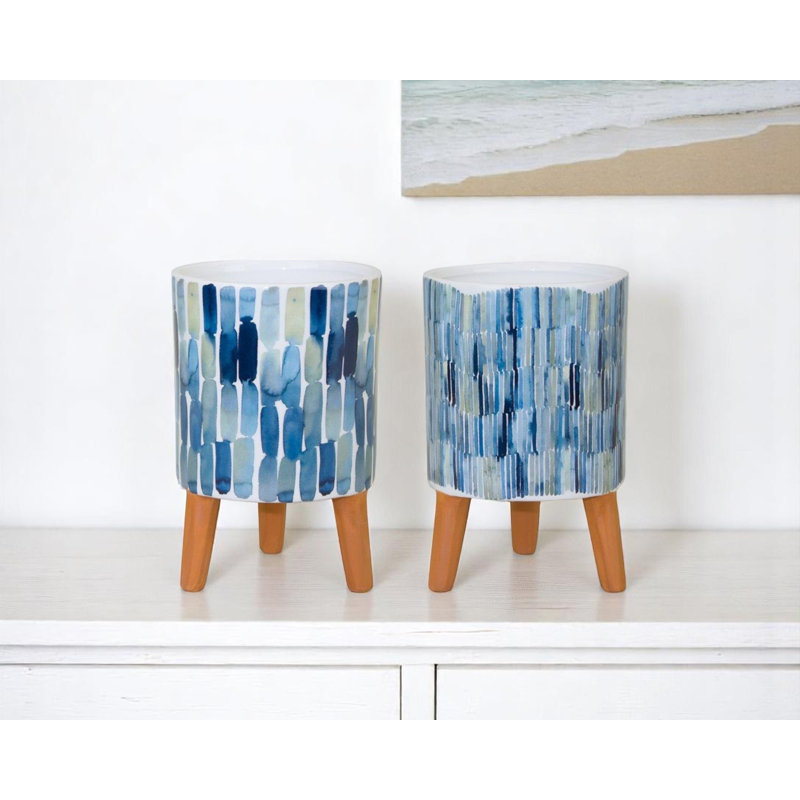 Ensemble de deux pots à fleurs surélevés ronds en terre cuite bleue et en céramique blanche de 2 onces