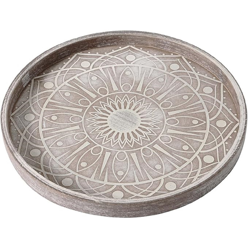 12" Boho Decorative Tray For Home Decor, Round Wood Coffee Table Tray Decor, Rustic Washed Ottoman Tray For Living Room, Small Wooden Carved Circle Serving Tray