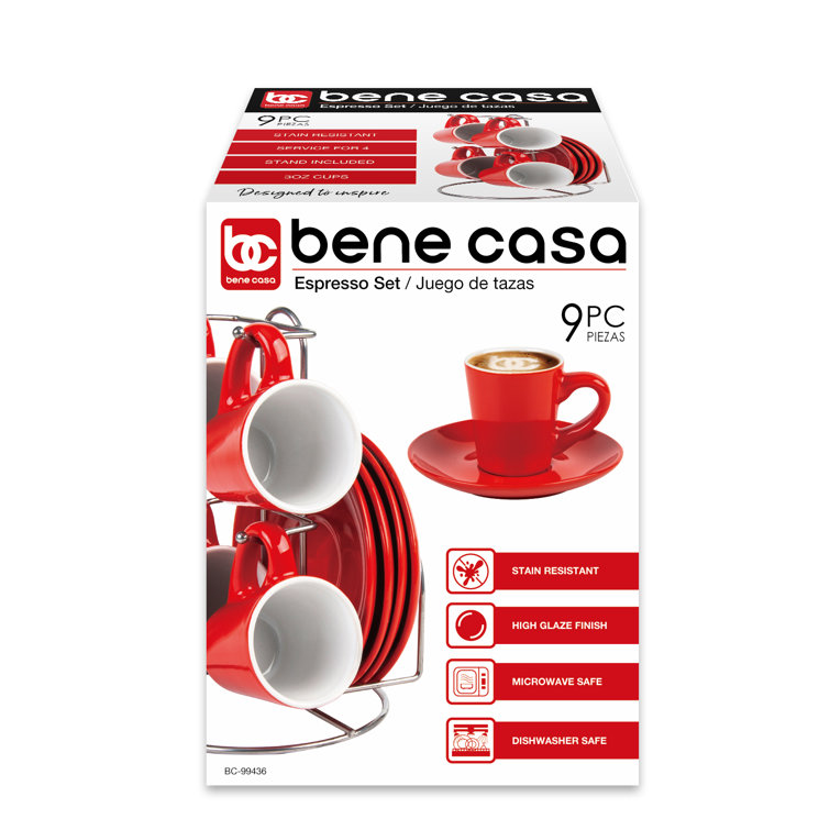 Bene Casa 9-Piece Espresso Set With Rack, 4 Espresso Cup Set, Cup And  Saucer Set,4-Person Espresso Set, Dishwasher Safe, Red