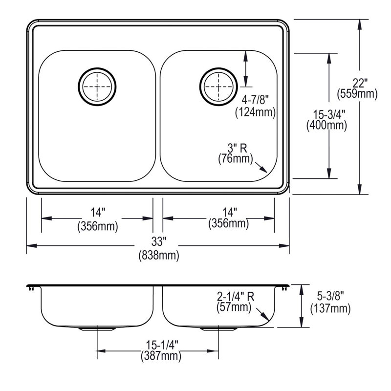 Dayton 33" L x 22" W Double Basin Drop-in Kitchen Sink, 3 Hole