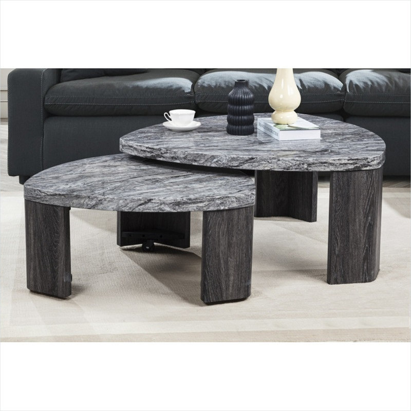 Ensemble de tables basses gigognes gris imitation marbre, mobilier de salon moderne triangulaire