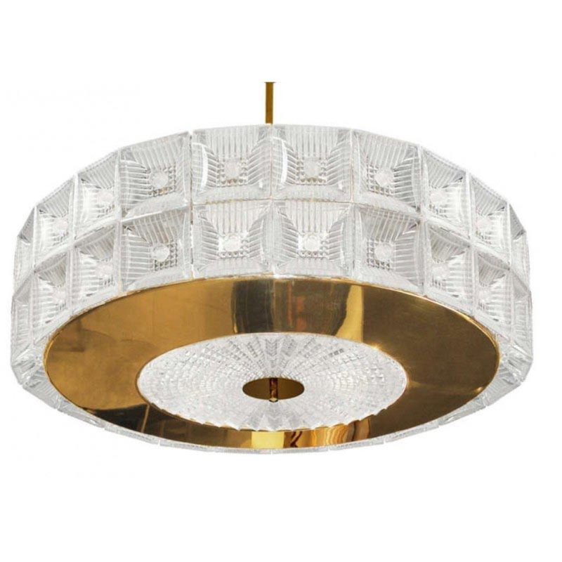 Venini Drum Chandelier, Brushed Brass, Clear, 28” Width x 15” Height