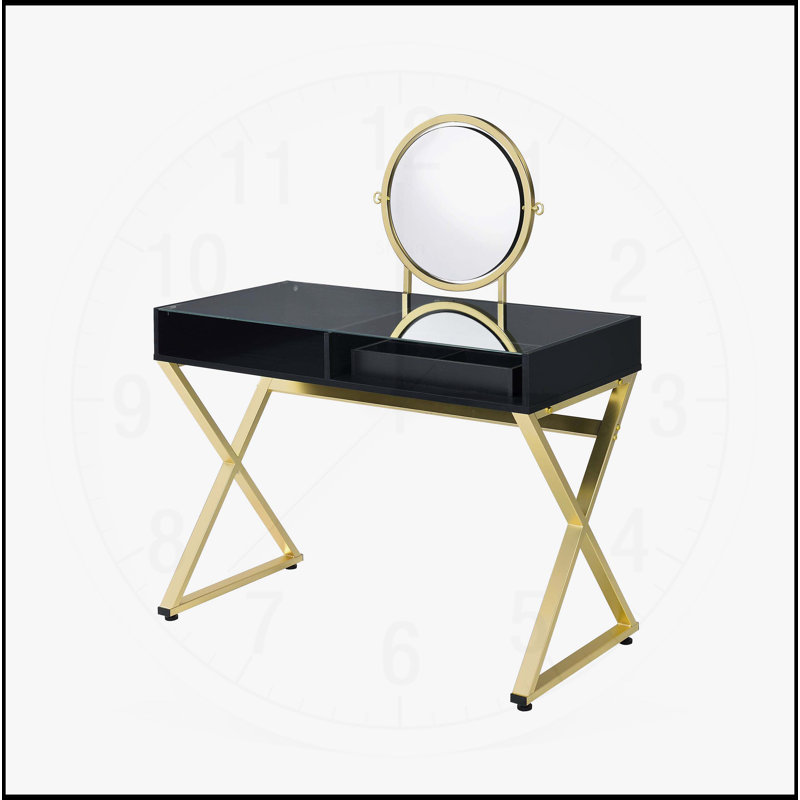 Charmant meuble-lavabo avec miroir et plateau à bijoux pour espaces élégants, Noir / or