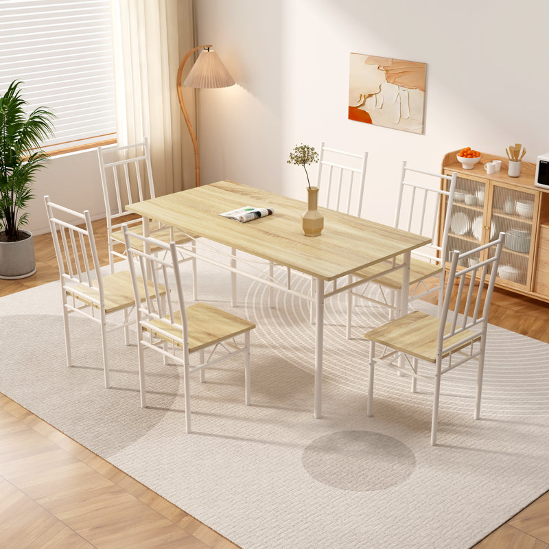 Ensemble de table de salle à manger 7 pièces, table de cuisine rectangulaire en bois rétro et 6 chaises à haut dossier 