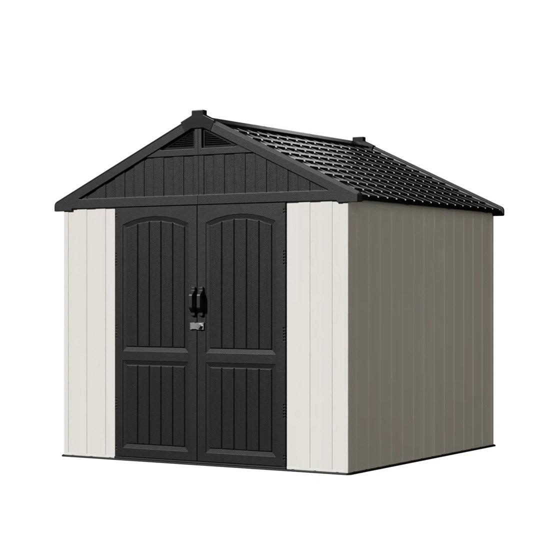 8 Ft. W X 8 Ft. D Plastic Storage Shed With Floor, Resin Shed With Reinforced Steel Structure, Beige Patiowell