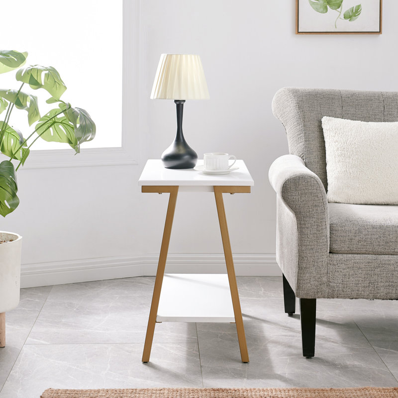 Table d'appoint étroite en bois manufacturé Empiria, Blanc, Or