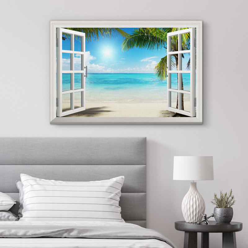 Window Scenery Tropical Green Palm Tree Coastal Beach Blue Ocean Photography Canvas Print Wall Art, 12" H x 18" W x 1.5" D