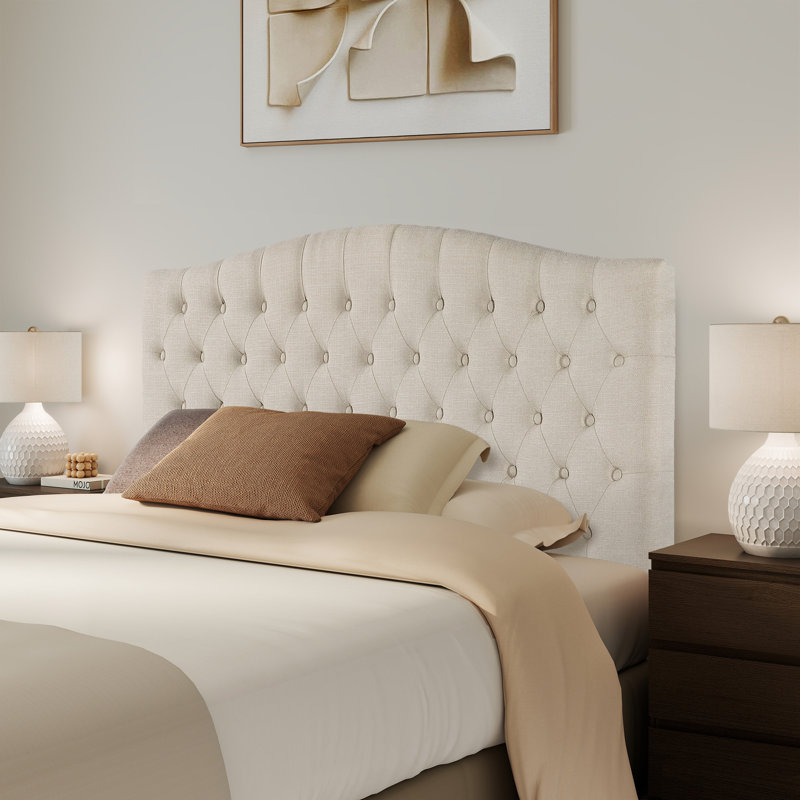 Button-Tufted Upholstered Headboard with Wall-Mount Option, Ivory Linen, Full / Queen