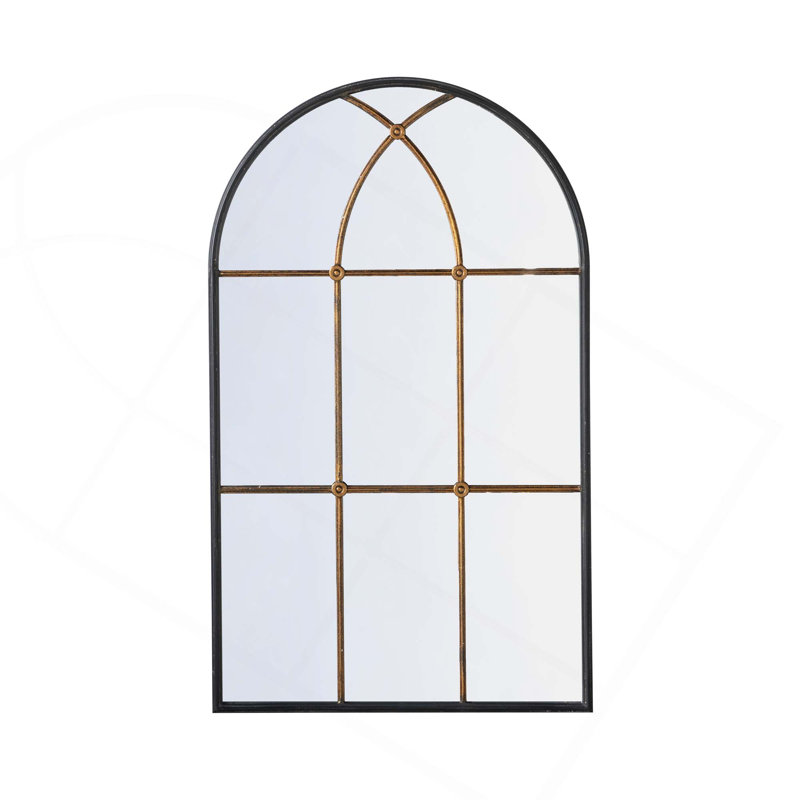 Arched Mirror With Black And Gold Windowpane Design, 47" x 28.3"