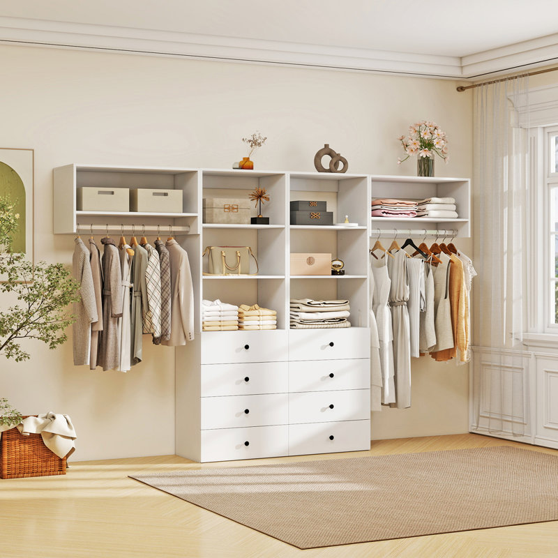 Système d'organisation modulaire en bois blanc avec 2 tringles, 8 tablettes et 8 tiroirs