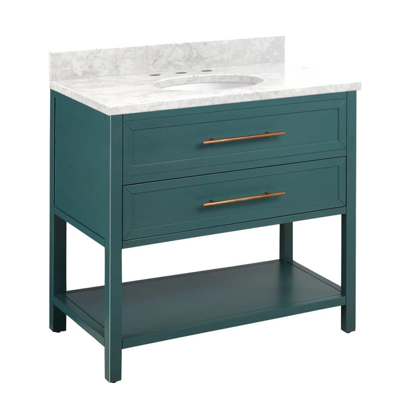 36" Robertson Single Bathroom Vanity Set with Oval Undermount Sink, 8" Widespread, Carrara Marble, Midnight Navy Blue