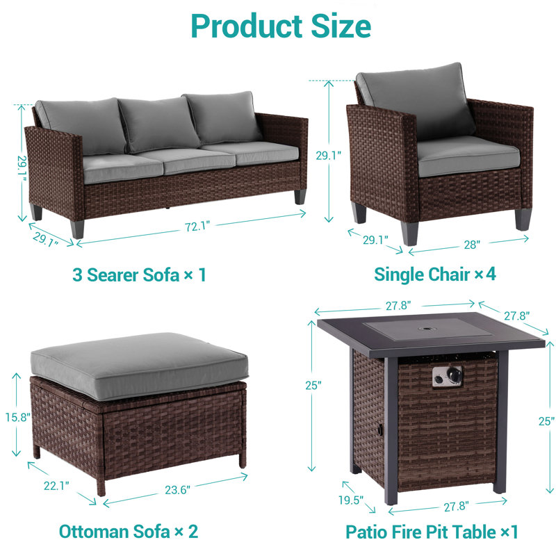 8 Piece Patio Sofa with Square Fire Pit Table and Ottomans, Brown, Gray