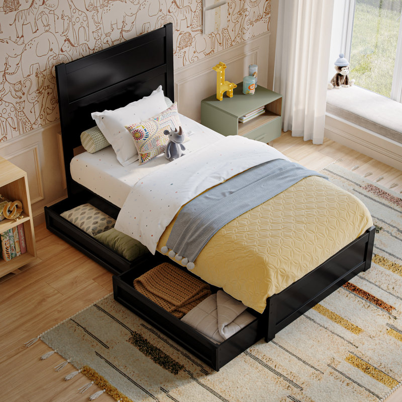Aveline Wood Platform Bed with Storage Drawers, Twin, Black