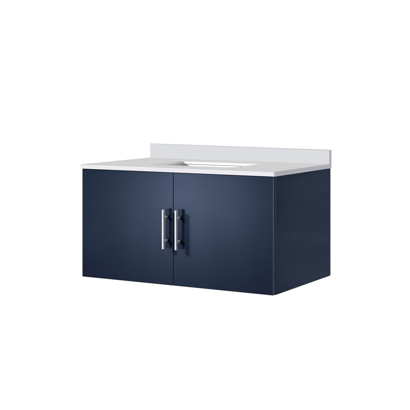 Geneva 36" Navy Blue Floating Bathroom Vanity with White Quartz Top