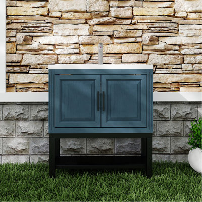 Meuble-lavabo autoportant de 32 pouces avec lavabo en céramique blanc sans soudure et robinet en aluminium texturé, tablette ouverte à 2 portes, base en métal, charnières en fer bleues et froides avec armoires de rangement
