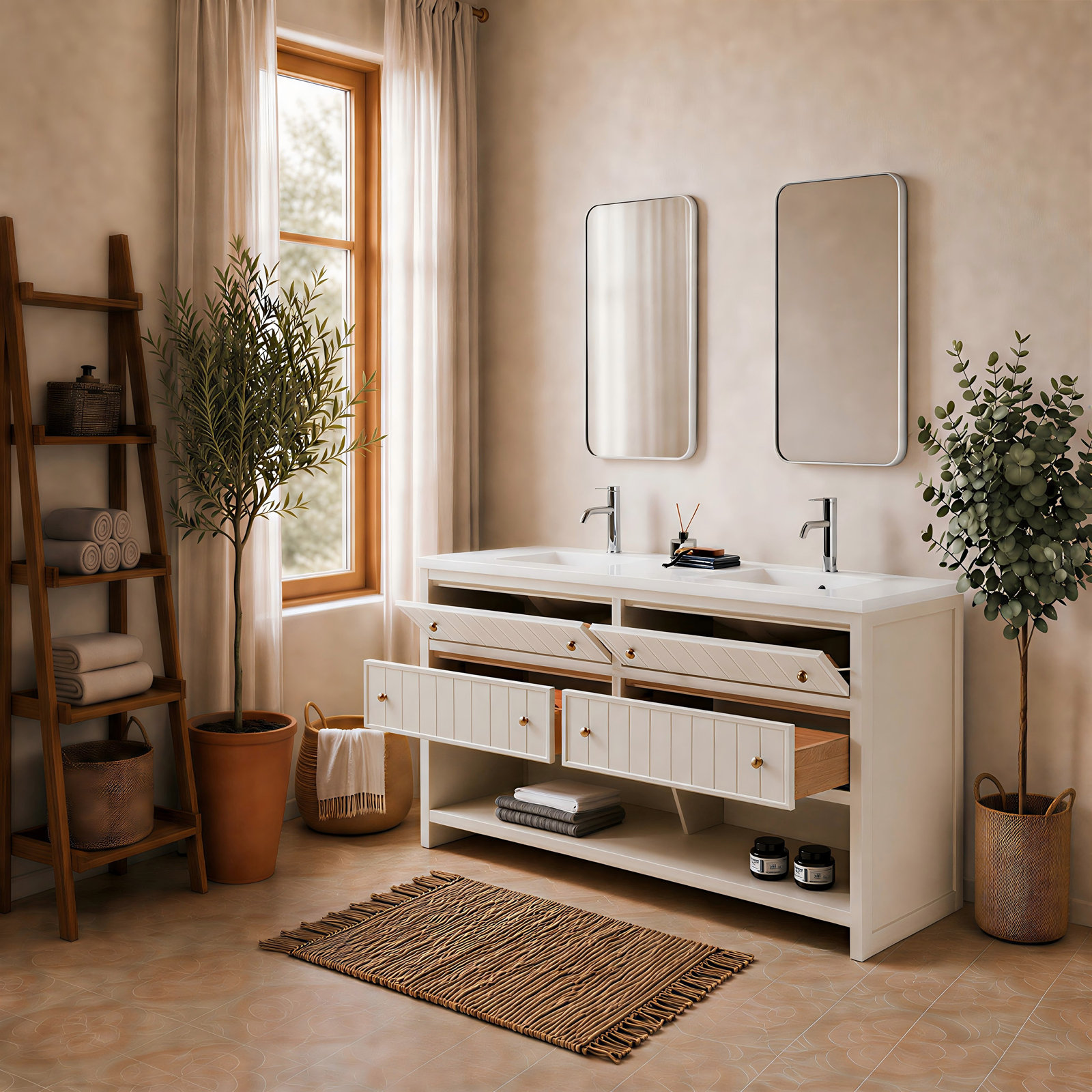 Rennes 72" Vintage Plywood Bathroom Vanity With Engineered Quartz Top, White