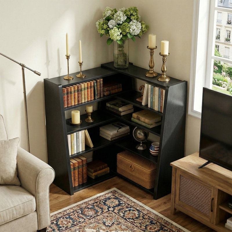 5 Tier Wood Narrow Bookcase ,Small Expandable Book Shelf,  (5 Shelves) 41"H x 45.2"W x 11.7"D, Black