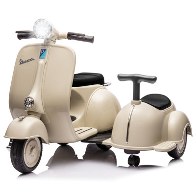 Licenced Vespa Kids Three Wheeled Motorcycle With Side Car & Speaker, Music Player, Lights