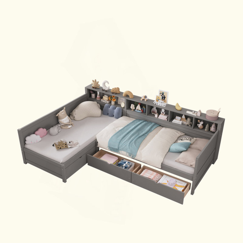 Day Bed For 2, L- Shape Twin Size Bed Frame With Storage 3 Drawers,  Wooden Corner Bed With Bookshelf, Corner Bed Frame For Bedroom, Living Room