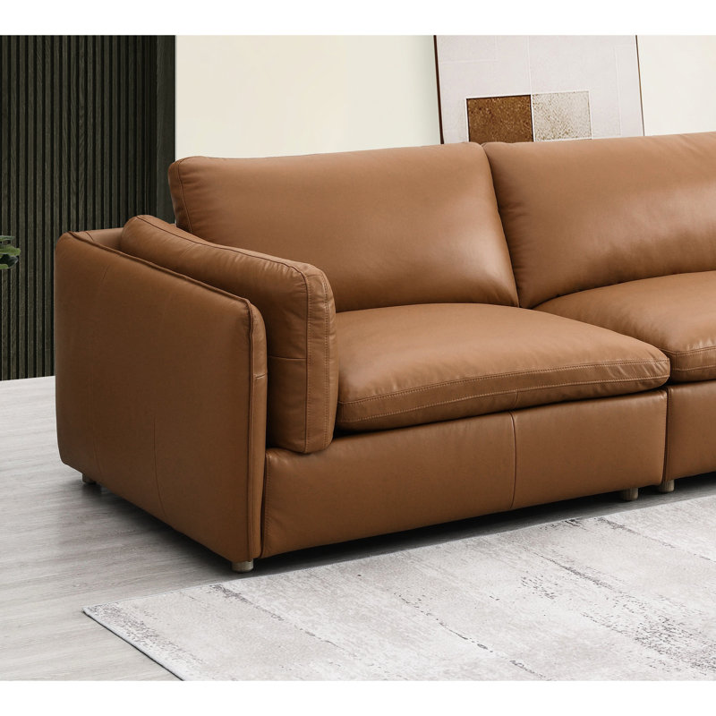Modulaire en cuir fleur avec siège en mousse et pieds en bois de frêne