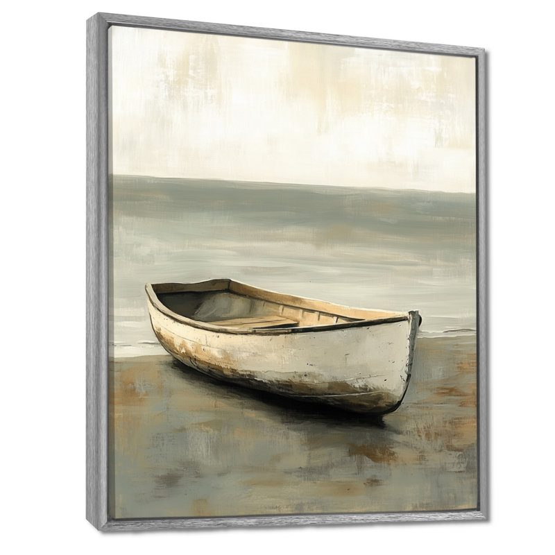 Canot à rames Quiet Harbor I - Toile crème encadrée de style nautique, H 40 po x l 30 po, Encadrement argenté