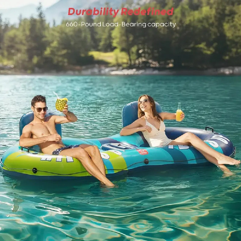 Tube de rivière double gonflable pour 2 personnes, capacité de 660Lb, flotteur de rivière robuste et résistant à la perforation de 93 po, radeau de rivière avec dossier ergonomique, glacière et porte-gobelets pour la famille