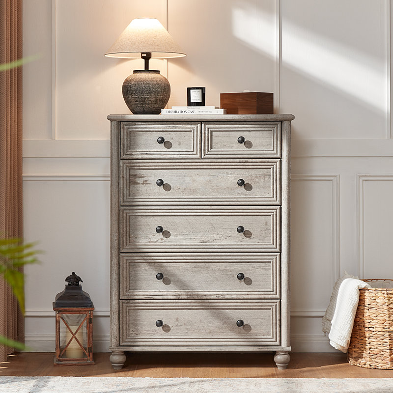 Farmhouse 6 Drawer Dresser, Chest Of Drawers For Bedroom, 43.5" Tall Wood White Kids Dresser With Roman Column And Metal Handles, Storage Dressers Organizer For Living Room, Hallway, Closet