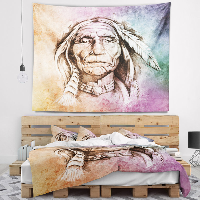 Portrait tapisserie tête d'indien d'amérique, H 32 po x l 39 po