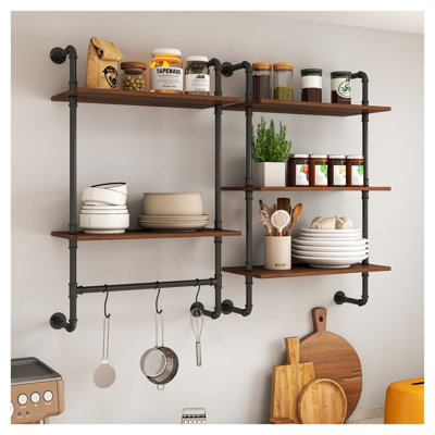Industrial Pipe Shelves Wall Mounted - 3 Tier & 2 Tier Rustic Wood Display Shelves with 3 Hooks, 36 Inch Farmhouse Kitchen Bar Shelf, DIY Bookshelf Unit for Bedroom Living Room Office, Walnut