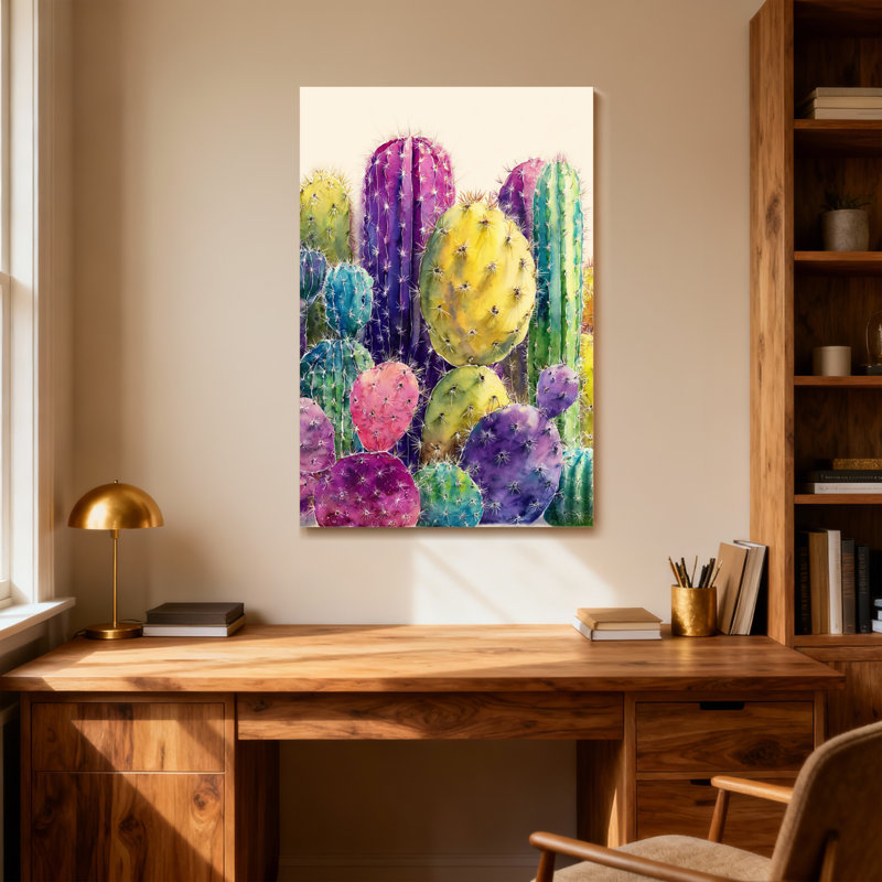 Plantes et fleurs, impression de motif de cactus coloré, H 24 po x l 36 po