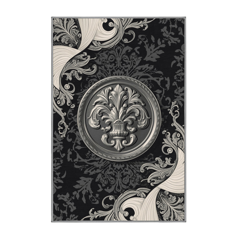 Machine Washable Cain Silver Medal Classic Damask Rug in Gray – Gray Binding, 7x9