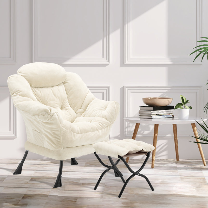 Lazy Chair With Folding Ottoman & Side Storage Bag, Plush Upholstered Accent Armchair With Metal Frame, Non-Slip Pads, Beige