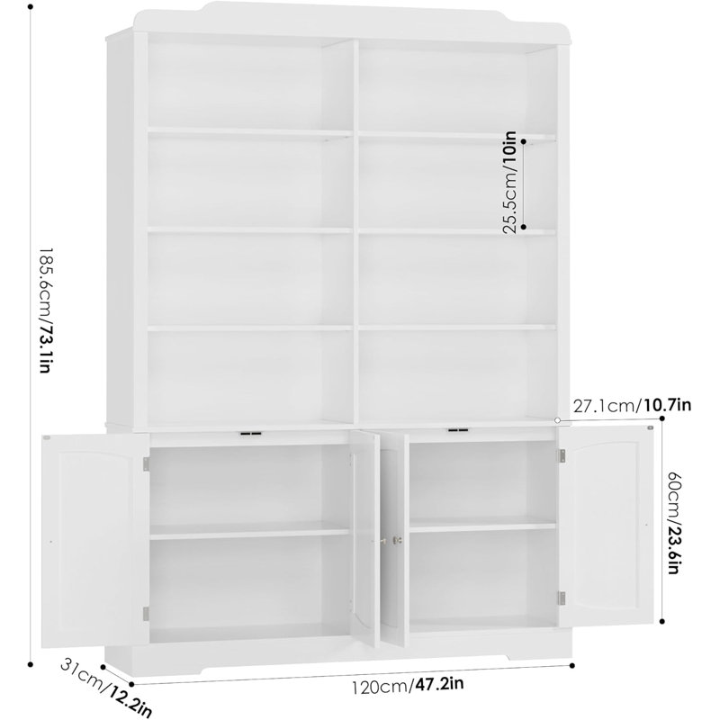 73.1" Tall Bookcase and Bookshelf, Wide Bookshelf with Doors and Adjustable Shelves, 6 Tier Large Bookshelf with Storage, Tall Storage Cabinet for Living Room, Home Office, White