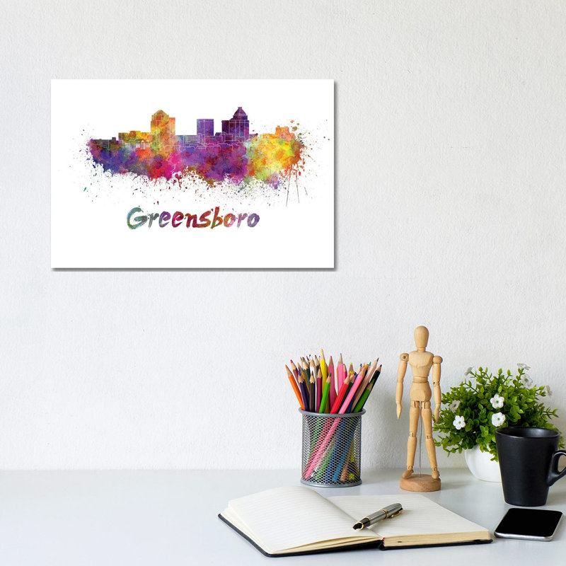 Greensboro Skyline In Watercolour by Paul Rommer - Wrapped Canvas Painting, 20.32cm H x 30.48cm W x 1.91cm D
