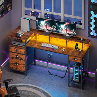 Bureau d'ordinateur de jeu réversible avec station de charge, lumières DEL, classeur, support pour écran, 4 tiroirs et tablettes, bureau personnel