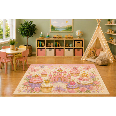 "Ultra Lightweight" 5' x 7' Princess Castle Cupcakes Area Rug, Pastel Pink Fairy Tale Castle Floral Dessert Girls Nursery Playroom Bedroom Decor, Non-Slip Silicone Backing Low Pile