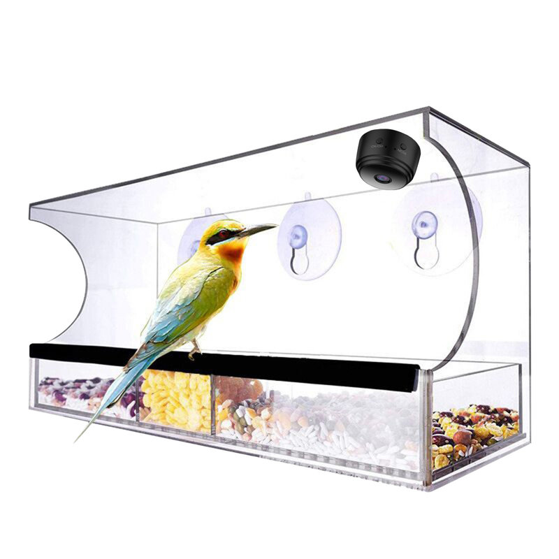 Window Bird Feeder with Strong Suction Cups Clear Acrylic Transparent Bird House with HD Camera, 11.81x5.11x3.94 in, Clear