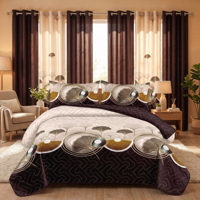 Ensemble de literie à feuilles de ginkgo espresso brun avec rideaux filtrant la lumière assortis, ensemble de couvre-lit matelassé 9 pièces avec 6 panneaux de fenêtre et 2 taies décoratives, collection de chambre à coucher moderne en microfibre botanique
