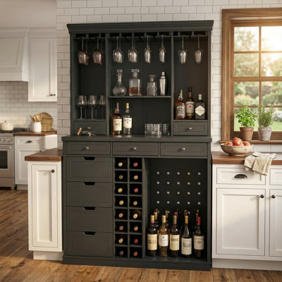 Grande armoire-bar avec 9 tiroirs et support en verre
