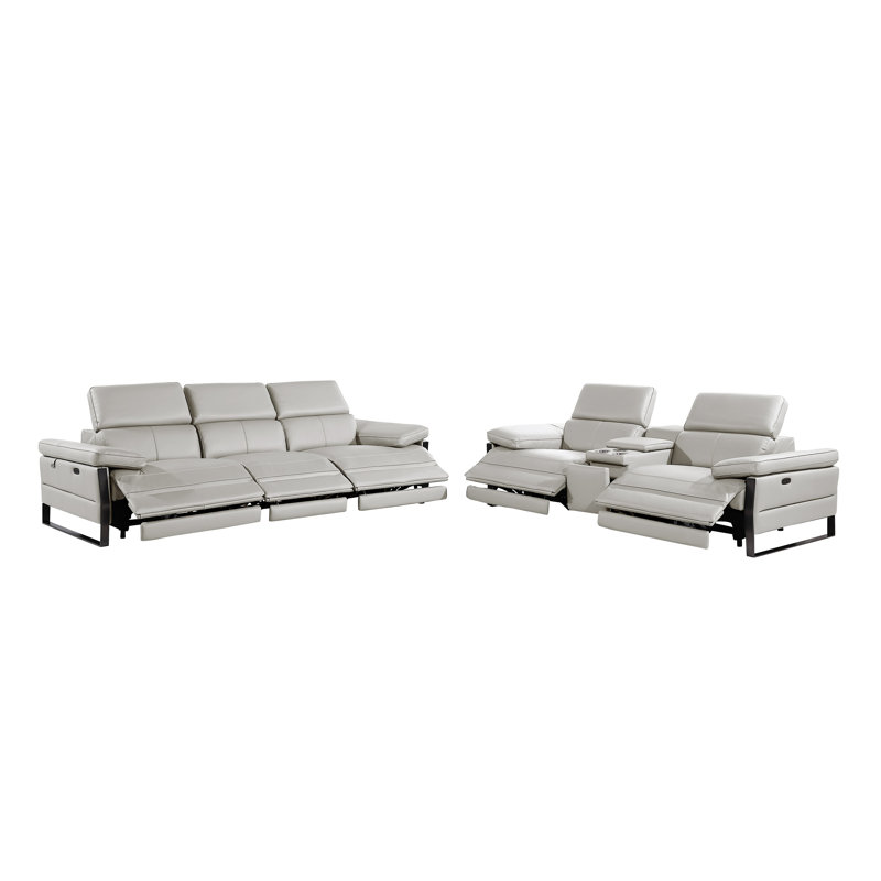 Ensemble de canapé modulaire inclinable électrique en cuir italien avec accoudoirs électriques et console, Gris clair
