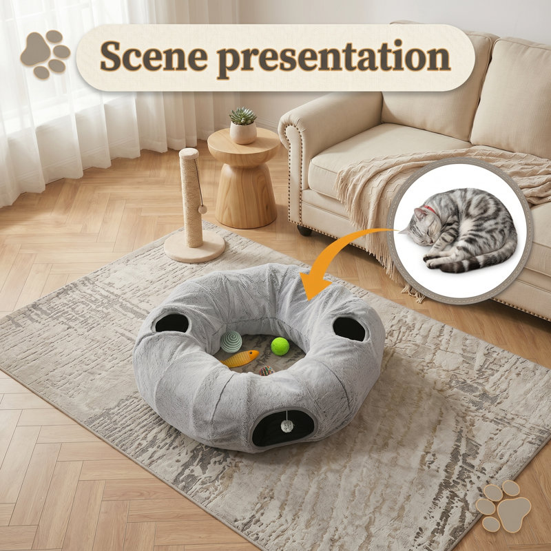 Lit rond rond en forme de beignet avec coussin circulaire lavable, gris, pour chats d'intérieur, chatons, chiots, lapins