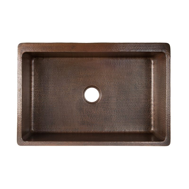 33" Hammered Copper Apron Front Single Basin Kitchen Sink w/ Fleur De Lis Design and Nickel Background