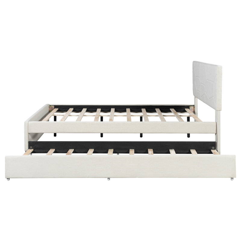 Grand lit plateforme tapissier avec tête de lit à motif brique et gigogne simple TG, lin beige - Lit d'invité peu encombrant