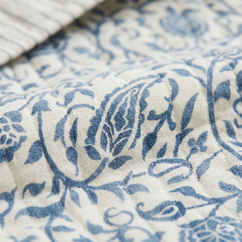 Ensemble de courtepointe réversible 3 pièces Eden Paisley Gauze, Courtepointe pour lit double/grand et 2 taies déc, Bleu