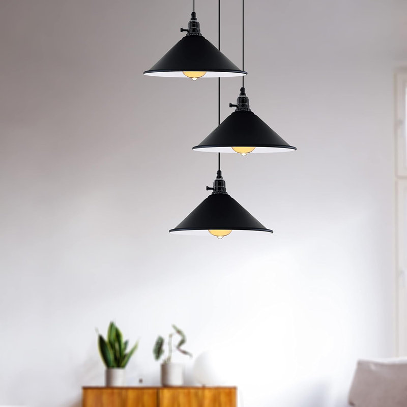 3-Light Cone Pendant Light – Industrial Kitchen Island Ceiling Fixture with Adjustable Height & E27 Bulbs, Black Inner White