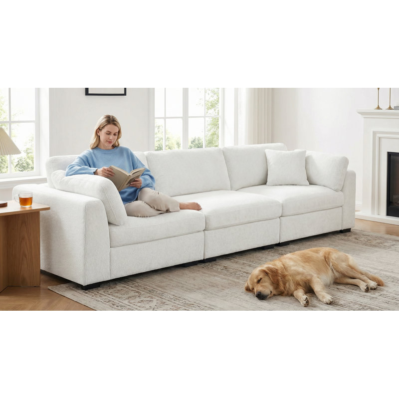 Squared Arm Wide Seat Upholstered Sofa, White