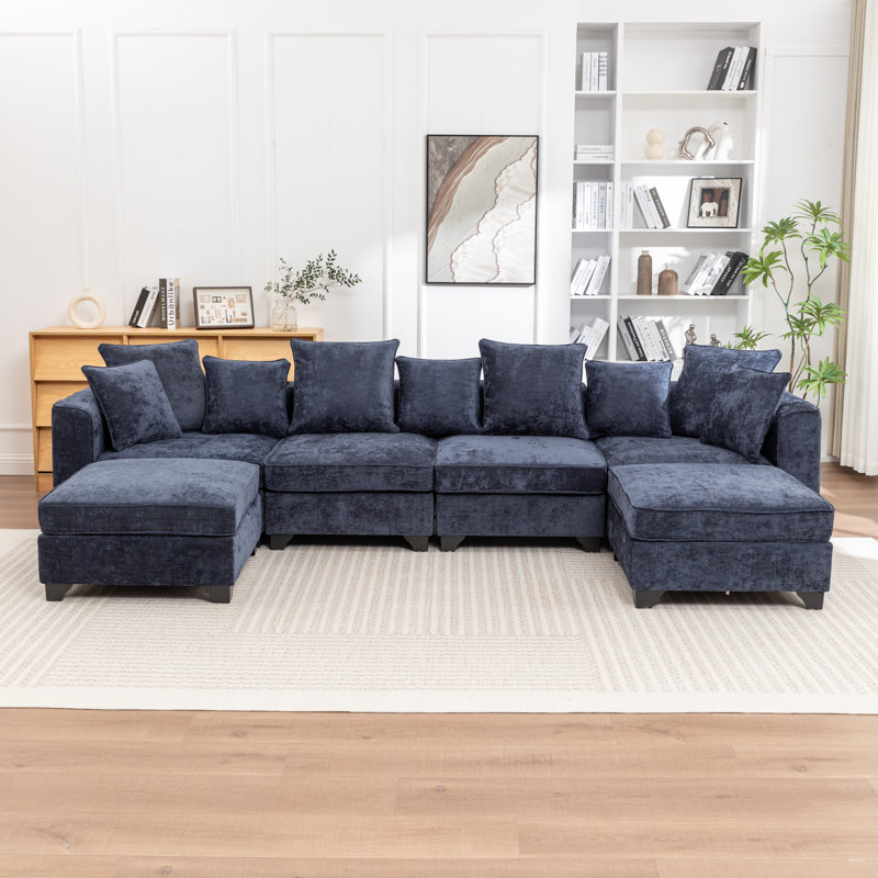 Bennett 6-Piece U-Shaped Sectional Sofa With 2 Ottomans, Blue Chenille