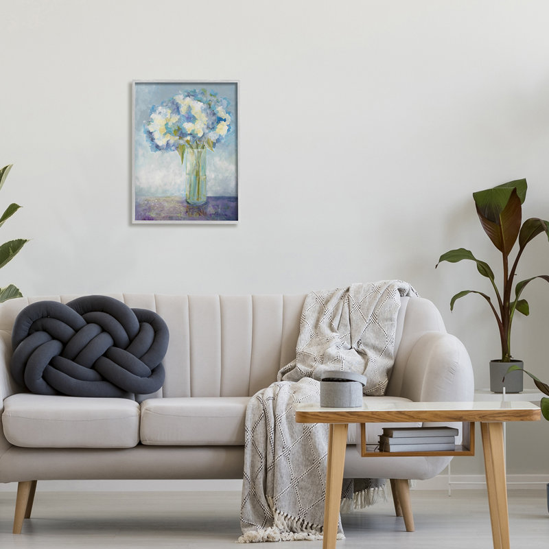 Magnifique bouquet de fleurs d'hortensias blanc et bleu par Doris Charest - Peinture, H 20 po x l 16 po x P 1,5 po