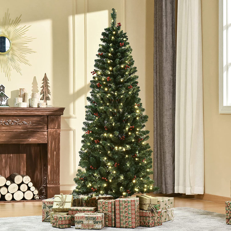 HOMCOM Prelit Pencil Christmas Tree w/ LED Light Berry Xmas Decoration, 6' H