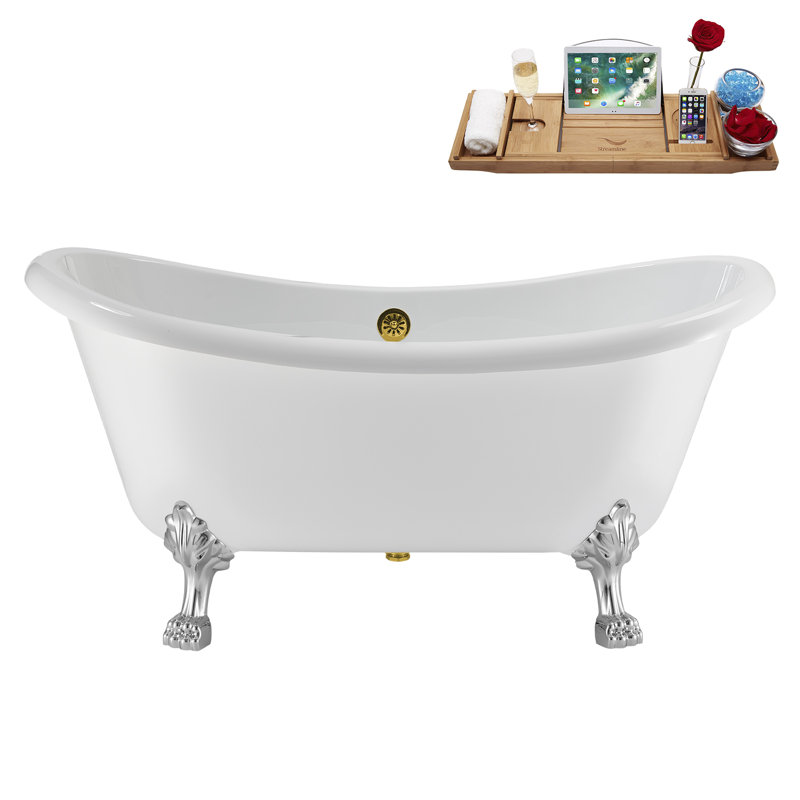 59" Streamline Clawfoot Tub,Tray,Drain, Clawfeet, Polished Chrome, Polished Gold